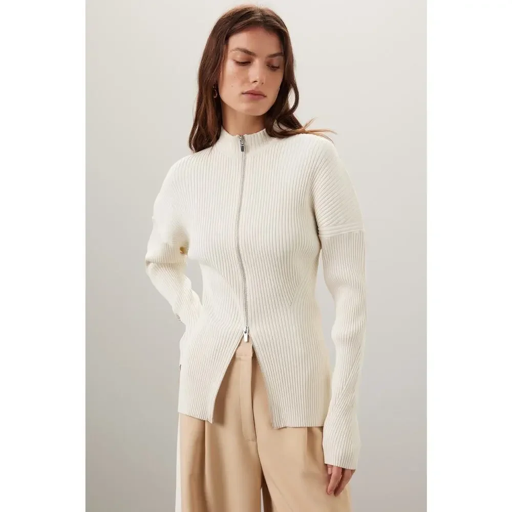 A.L.C. Noa Cream Ribbed Knit Zip Up Cardigan Sweater Size Large - Picture 2 of 12